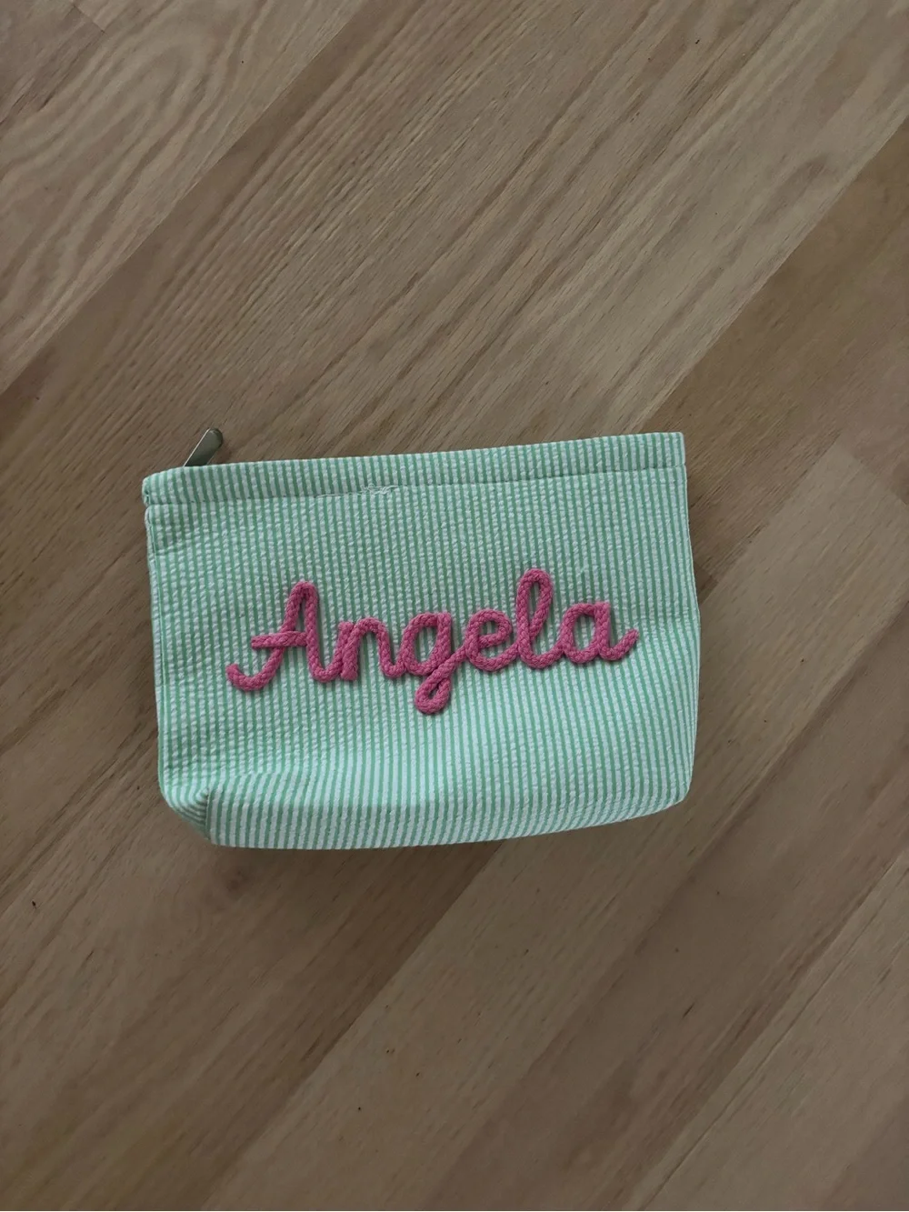 Personalized Cosmetic Pouch in Mint Green with Pink Script